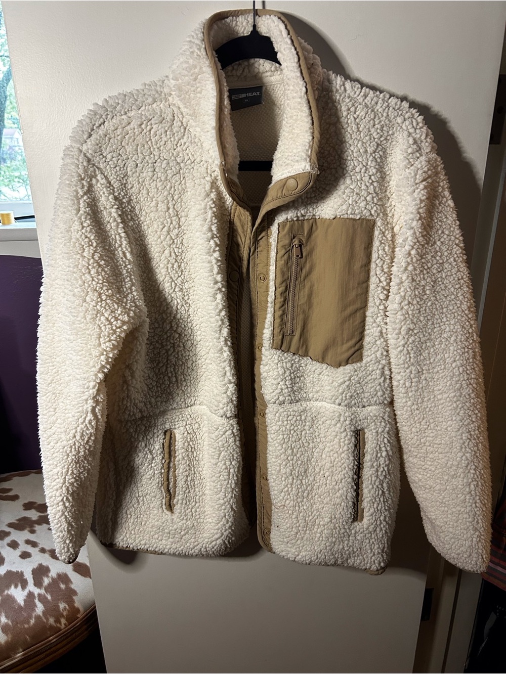 Unisex Sherpa Fleece Jacket with Tan Contrast Pocket